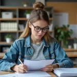 Jeune femme en bureau universitaire avec documents