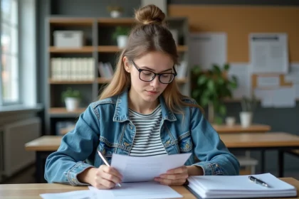 Jeune femme en bureau universitaire avec documents