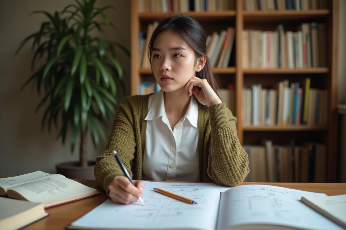 Jeune femme étudiant les formules trigonométriques sin cos sur des cahiers de mathématiques à un bureau en bois