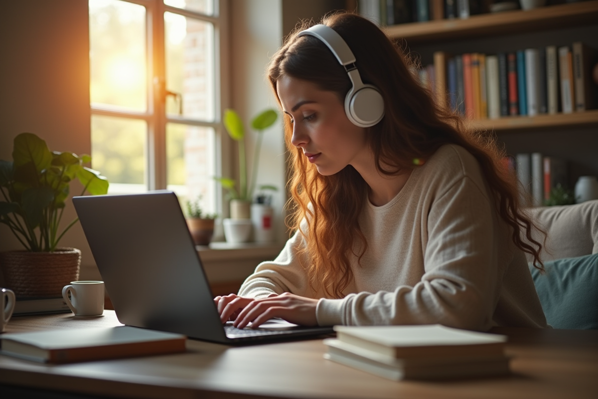 Jeune femme étudie chez elle avec ordinateur et café dans une ambiance lumineuse