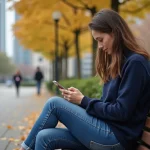 Jeune femme en ville étudiant sur un banc automne