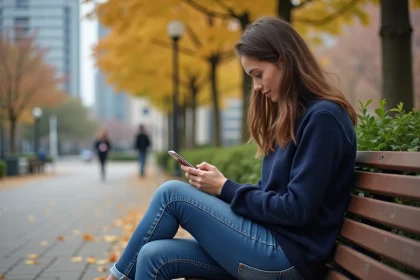 Jeune femme en ville étudiant sur un banc automne