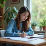 Jeune femme en étude TOEIC dans un bureau cosy