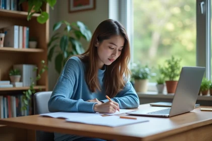 Jeune femme en étude TOEIC dans un bureau cosy