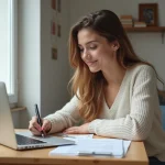 Jeune femme française en étude avec papiers et ordinateur