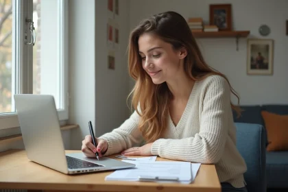 Jeune femme française en étude avec papiers et ordinateur