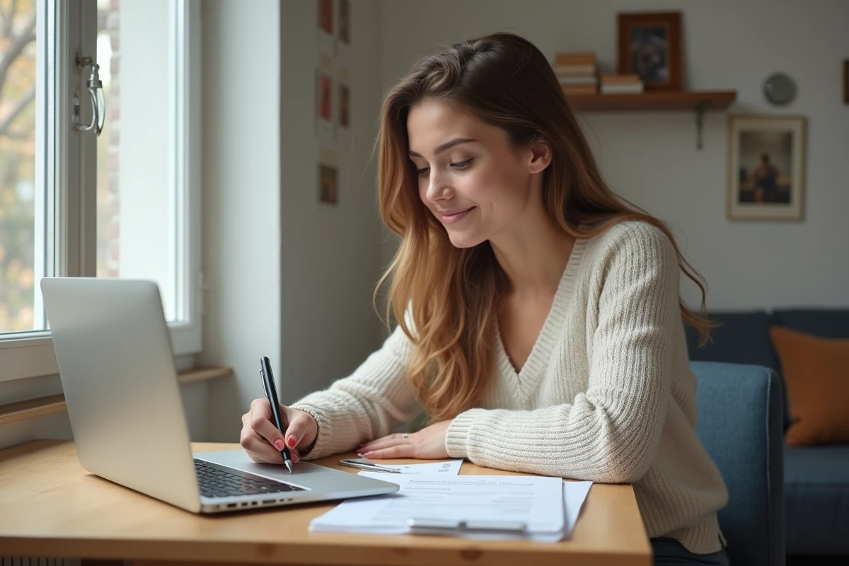 Jeune femme française en étude avec papiers et ordinateur