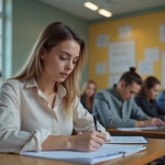 Jeune femme en formation prenant des notes lors d'un atelier