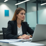 Jeune femme concentrée en formation en bureau moderne