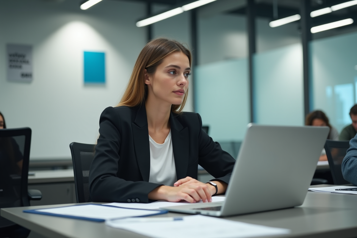 Jeune femme concentrée en formation en bureau moderne