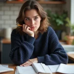 Jeune femme concentrée avec livres de grammaire espagnole