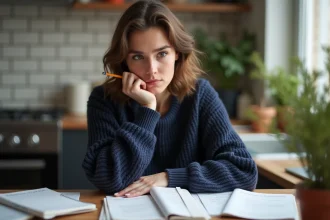 Jeune femme concentrée avec livres de grammaire espagnole