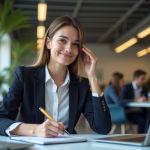 Jeune femme en entreprise prenant des notes dans un bureau moderne