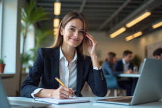 Jeune femme en entreprise prenant des notes dans un bureau moderne