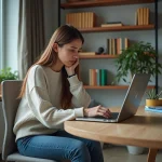 Jeune femme concentrée devant son ordinateur avec erreur de connexion