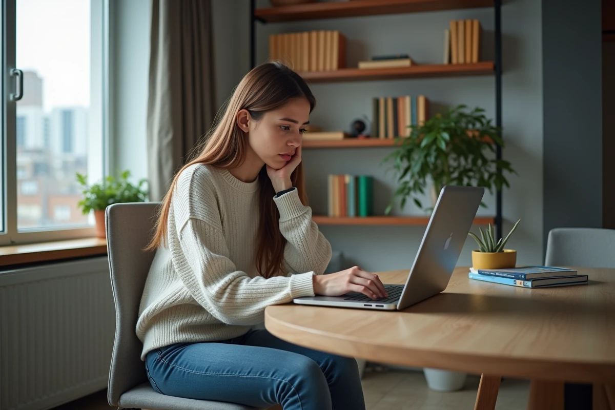 Jeune femme concentrée devant son ordinateur avec erreur de connexion