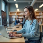 Jeune femme concentrée sur son ordinateur dans un centre media de Lille