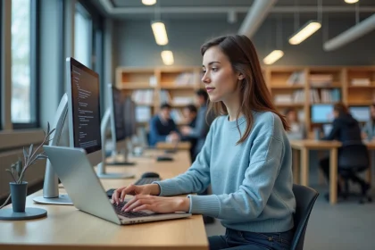 Jeune femme concentrée sur son ordinateur dans un centre media de Lille