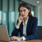 Jeune femme en bureau avec CV ouvert sur son ordinateur