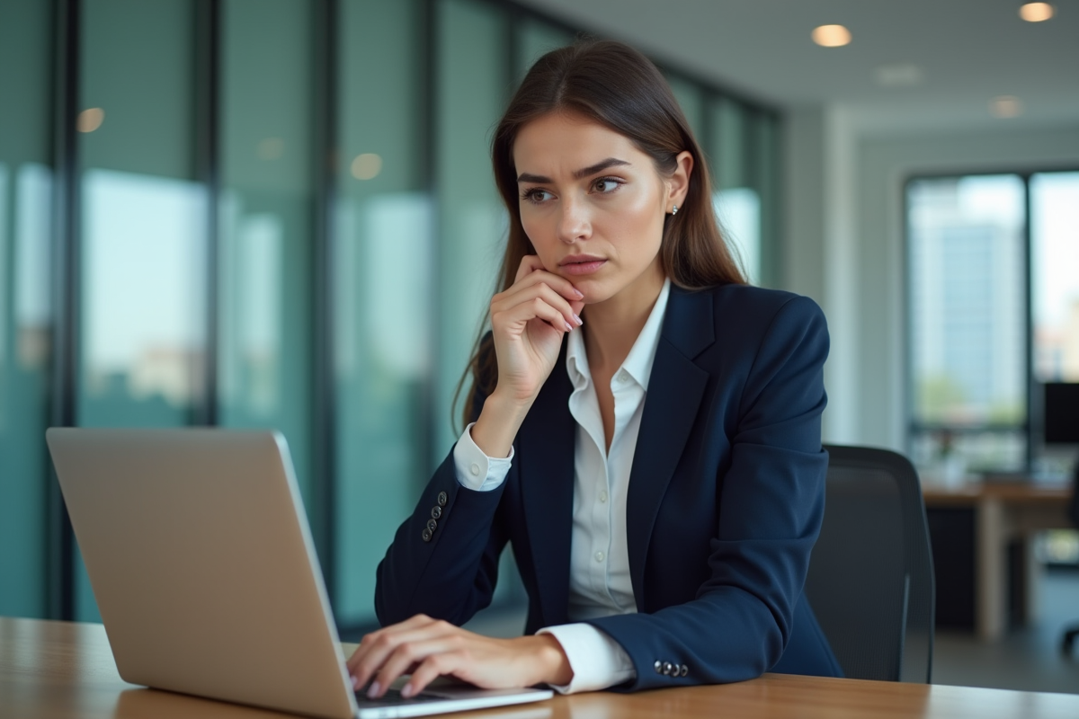 Jeune femme en bureau avec CV ouvert sur son ordinateur