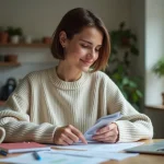 Jeune femme réfléchissant à ses papiers financiers à la maison