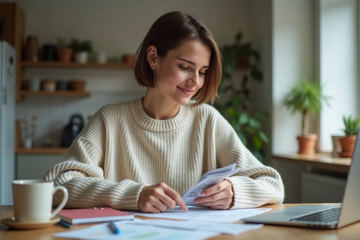 Jeune femme réfléchissant à ses papiers financiers à la maison
