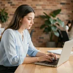 Jeune femme concentrée sur un quiz d'orientation professionnelle Onisep sur son ordinateur portable dans un espace de coworking moderne