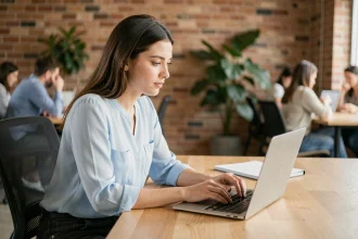 Jeune femme concentrée sur un quiz d'orientation professionnelle Onisep sur son ordinateur portable dans un espace de coworking moderne
