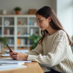 Jeune femme concentrée avec smartphone dans un espace d'étude