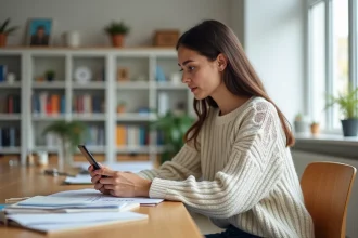Jeune femme concentrée avec smartphone dans un espace d'étude