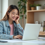 Jeune femme souriante travaillant à domicile sur son ordinateur