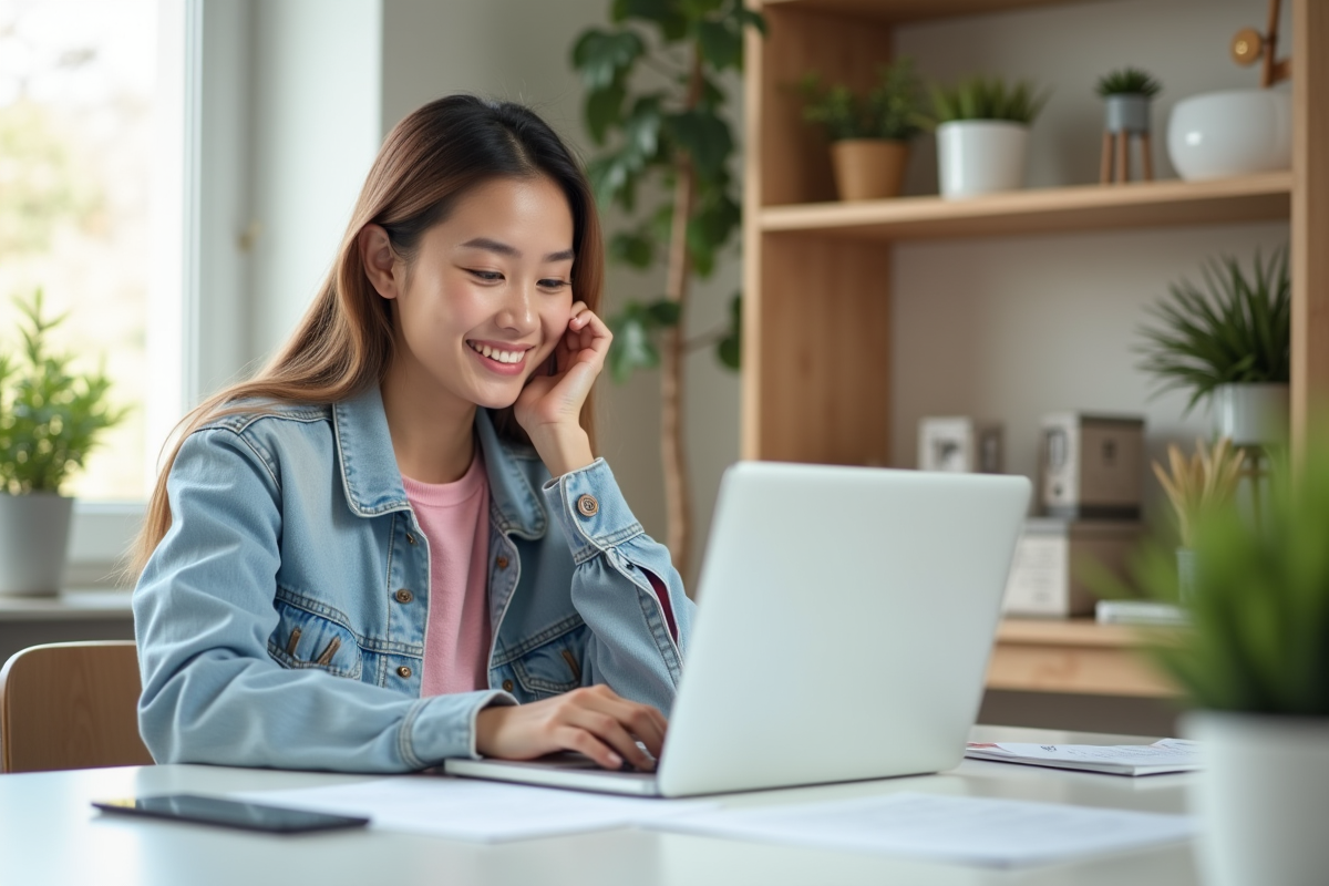 Jeune femme souriante travaillant à domicile sur son ordinateur