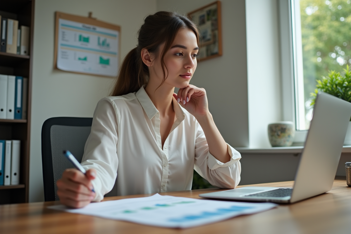 Jeune femme au bureau étudiant des graphiques sur son ordinateur
