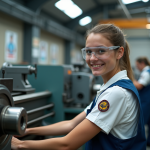 Jeune femme en uniforme et lunettes de sécurité manipulant une machine