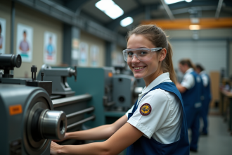 Jeune femme en uniforme et lunettes de sécurité manipulant une machine