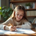 Jeune fille souriante écrit dans un cahier avec liste de verbes français