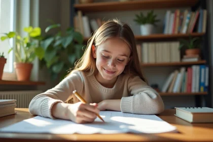 Jeune fille souriante écrit dans un cahier avec liste de verbes français