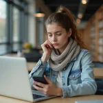 Jeune femme en bibliothèque universitaire avec smartphone