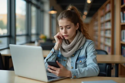 Jeune femme en bibliothèque universitaire avec smartphone