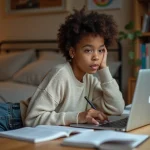 Jeune fille étudiante concentrée dans sa chambre cosy