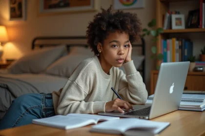 Jeune fille étudiante concentrée dans sa chambre cosy