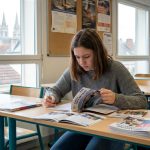 Jeune fille concentrée étudiant des brochures scolaires à Soissons
