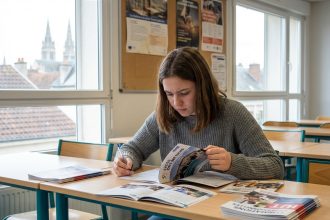Jeune fille concentrée étudiant des brochures scolaires à Soissons