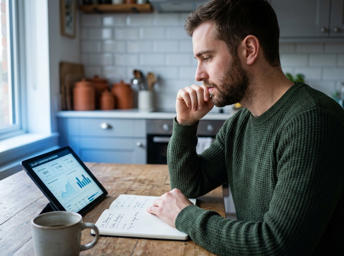 Jeune homme consultant un comparateur de salaires et de métiers sur une tablette depuis chez lui