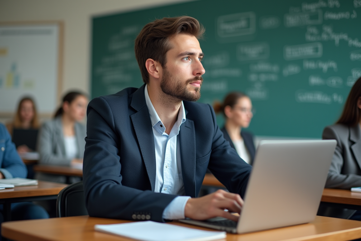 Jeune homme en classe étudiant la finance avec ordinateur