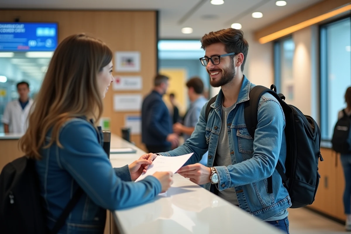 Jeune homme remettant des documents à un centre éducatif