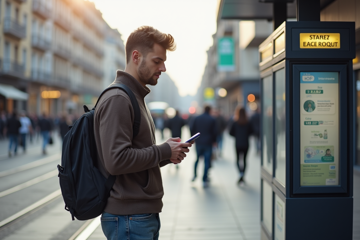Jeune homme regardant son smartphone dans une ville animée