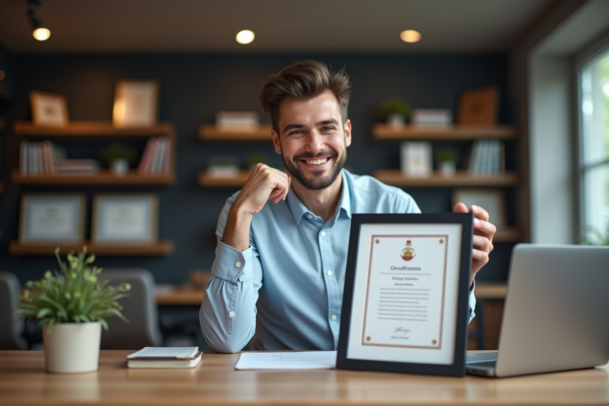 Jeune homme examine licence dans un bureau moderne
