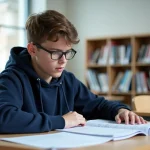 Jeune homme en hoodie bleu étudiant des problèmes de maths