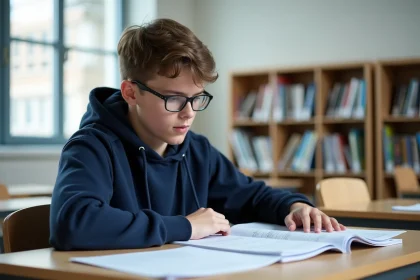 Jeune homme en hoodie bleu étudiant des problèmes de maths